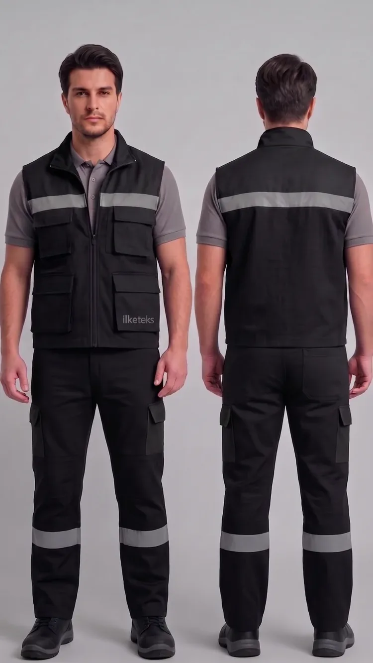 İş yeleği-pantolon takımı #04 — harman gabardin 245 g/m² full likralı, İLKETEKS Denizli üretim