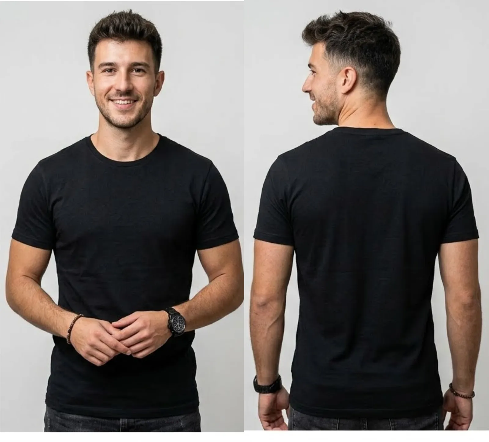 Siyah yuvarlak yaka basic tişört — penye süprem, ön ve arka